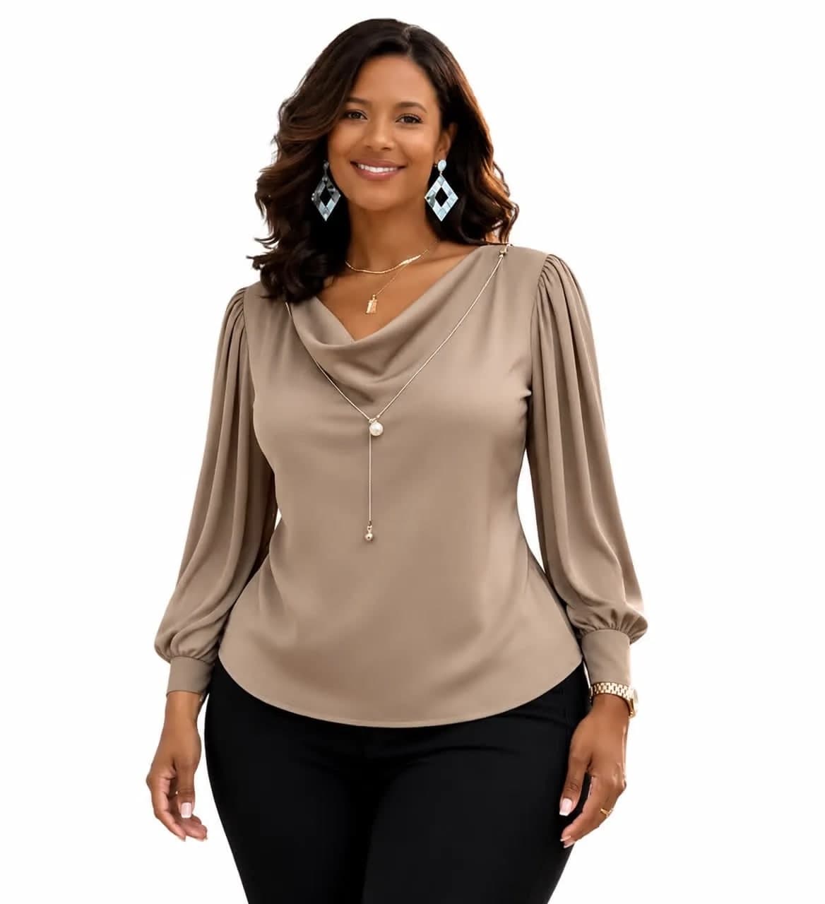 Cowl Neck Puff Sleeve Blouse