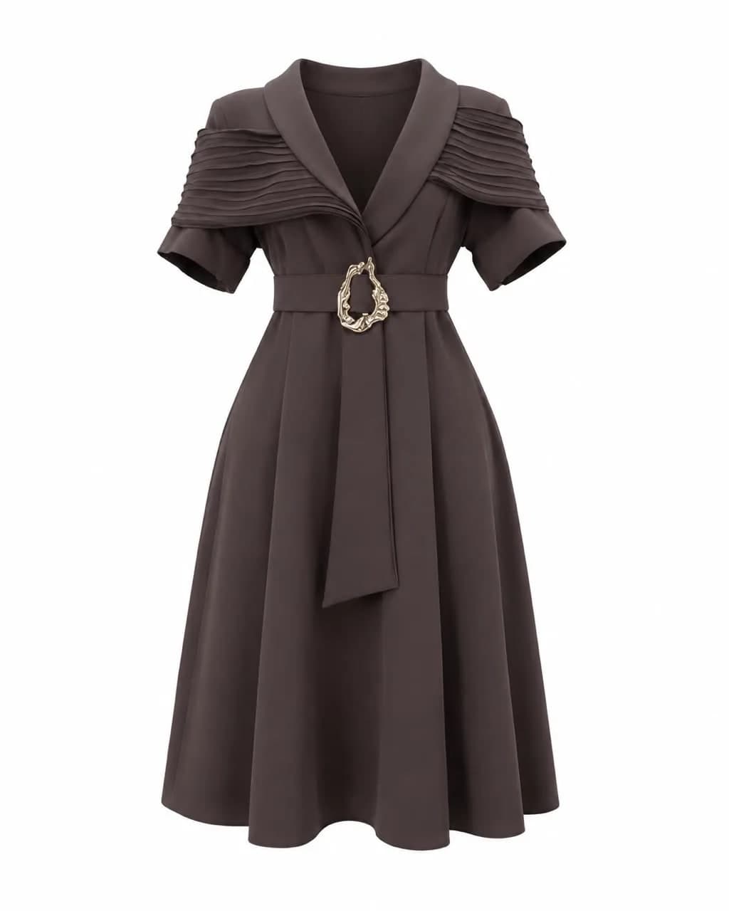 Brown Cape Shoulder Belted Midi Dress