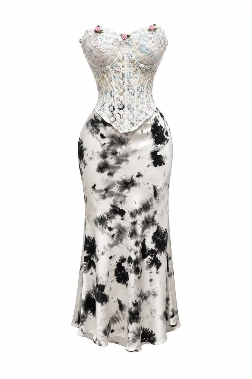 Floral Tie-Dye Satin Maxi Skirt