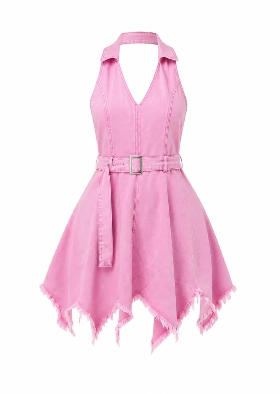 Pink Denim Halter Asymmetrical Belted Mini Dress