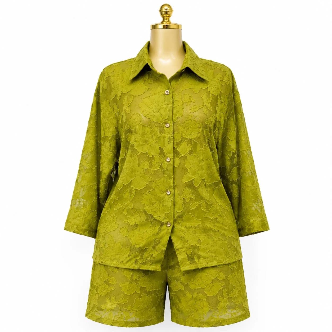 Lime Floral Lace Button Down Shorts Set