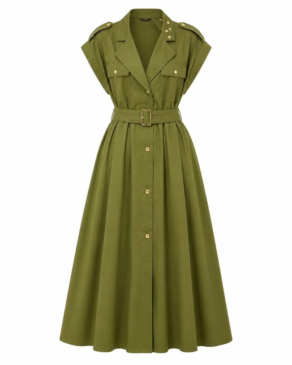 Olive Safari Button Down Belted Midi Dress