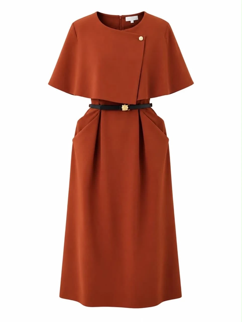 Rust Cape Sleeve Belted Midi Dress