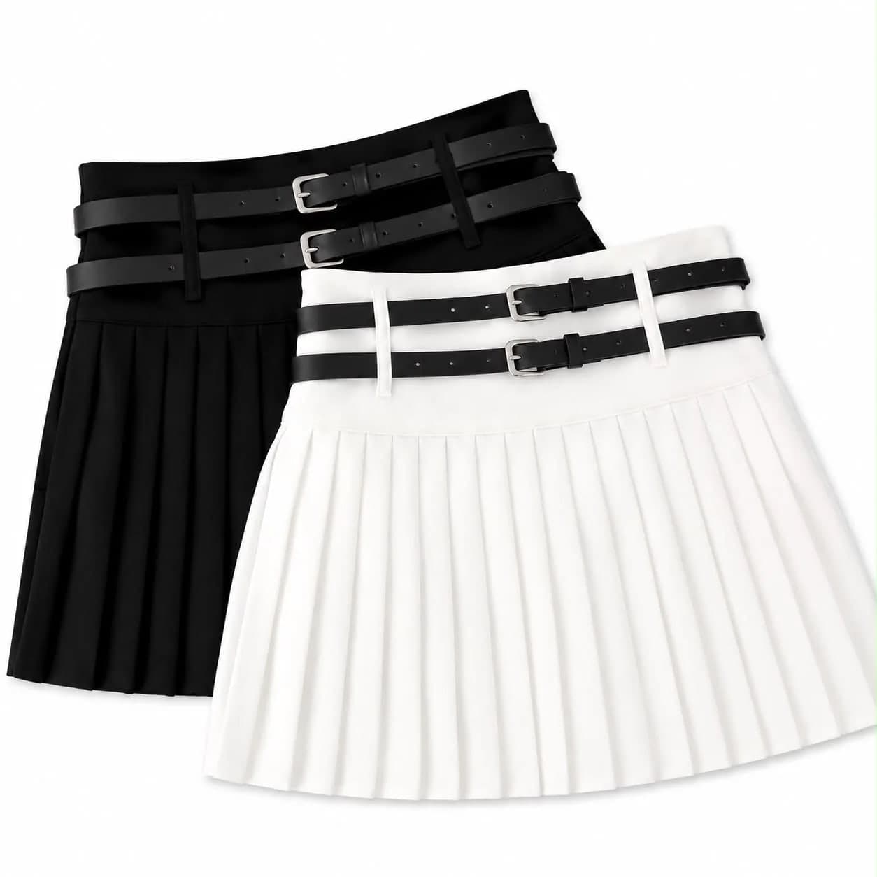 Double Belt Pleated Mini Skirt