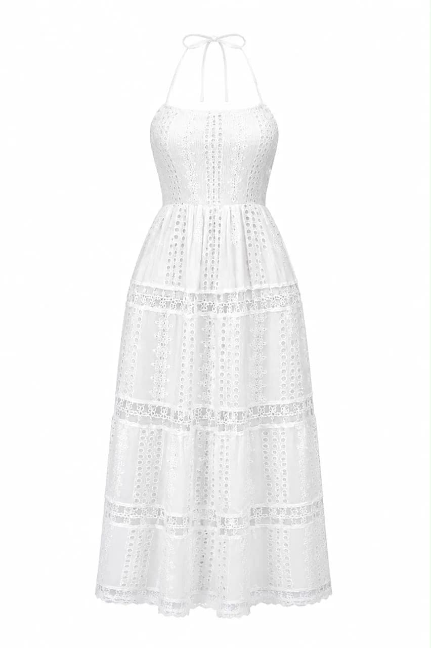 White Eyelet Lace Tiered Halter Maxi Dress