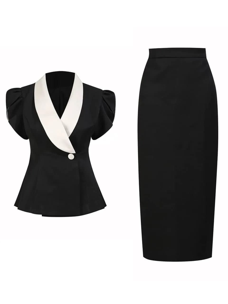 Black & White Contrast Collar Peplum Suit Set