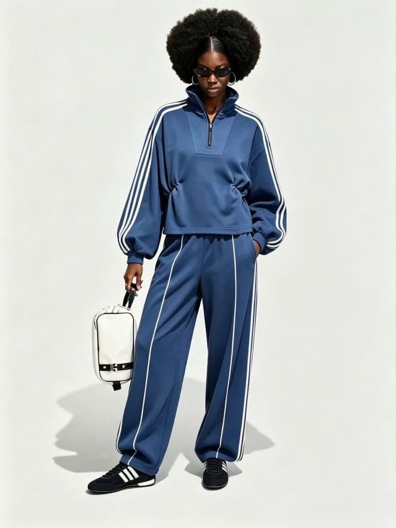 Adidas Navy Blue Half-Zip Sweatshirt & Wide-Leg Pant Set