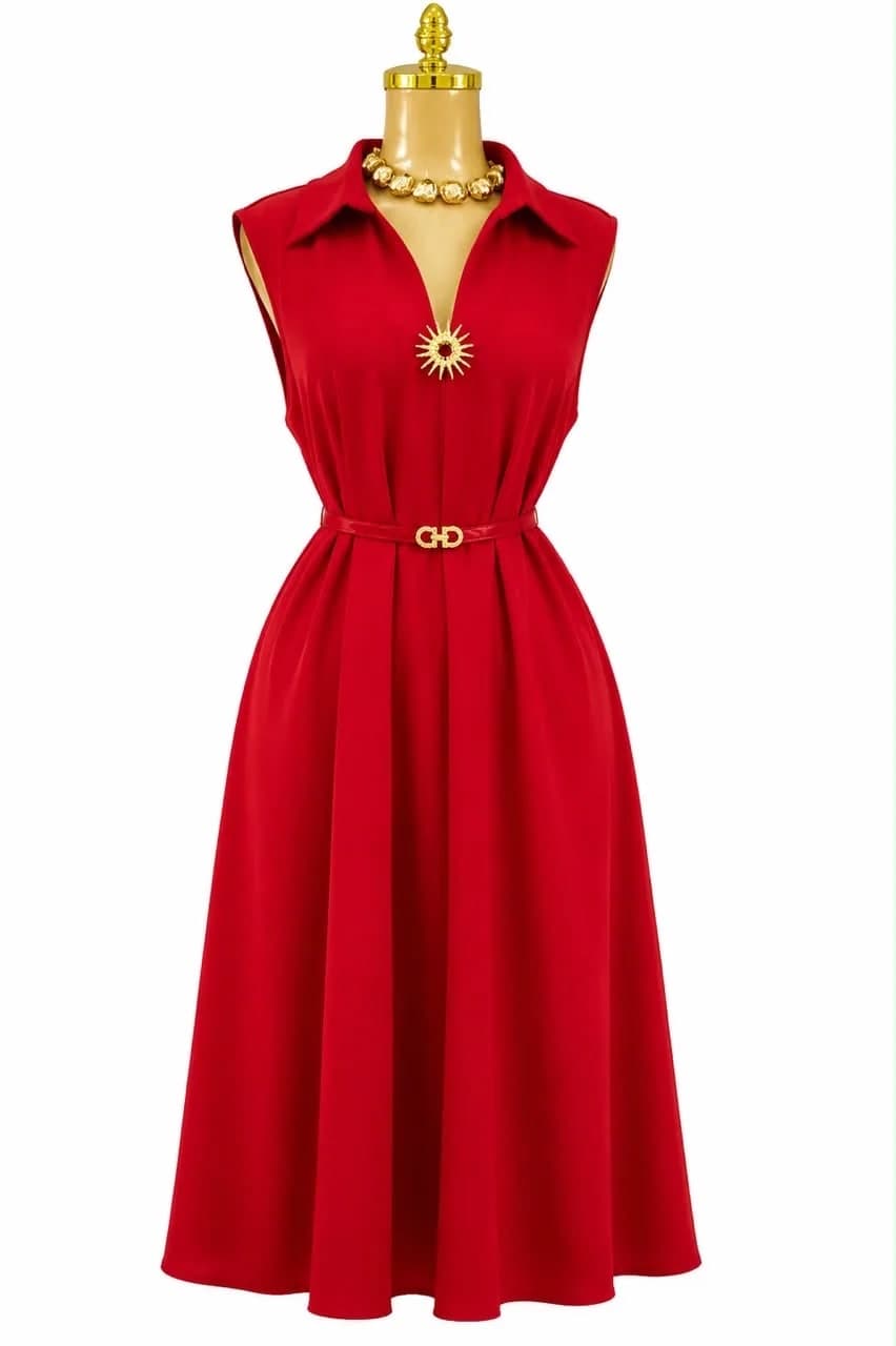 Red V-Neck Belted Midi Dress