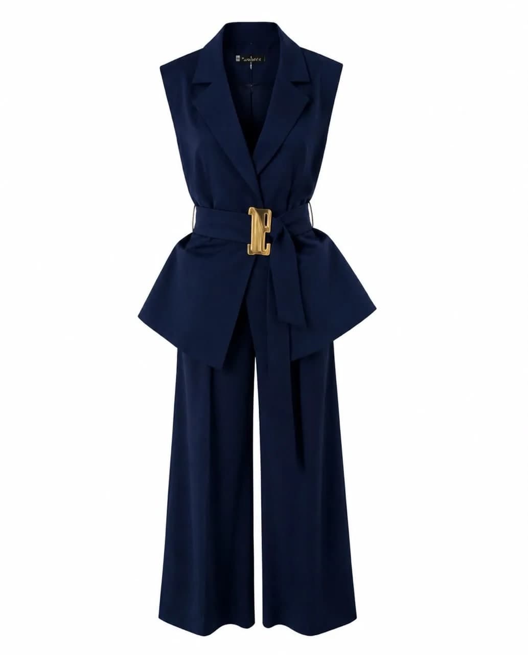 Navy Peplum Vest & Pants Set