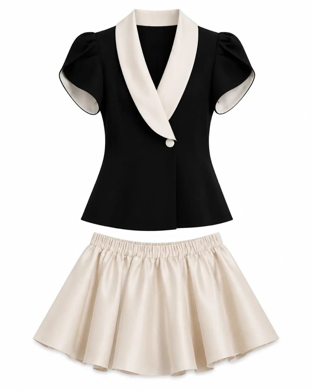 Black & Cream Contrast Knit Top & Skirt Set
